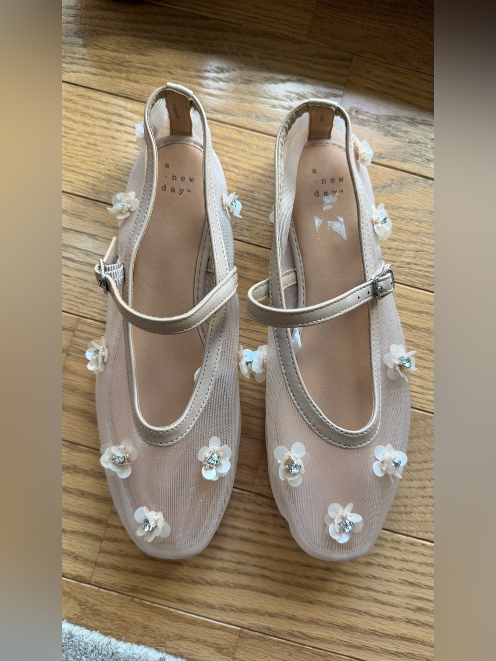NEW a new day Pale Pink Floral Studded Shear Mary Jane Flats, Size 8